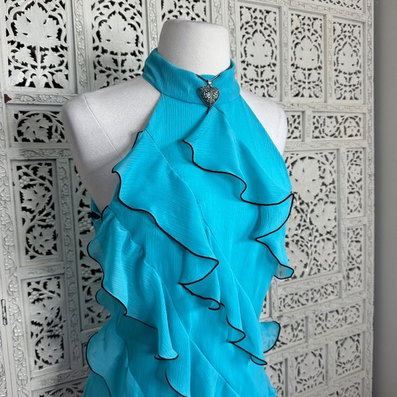 NWT Blue Ruffle Mockneck Halter Fairy Coquette Y2k Style Sleeveless Blouse Sz M - Picture 3 of 8